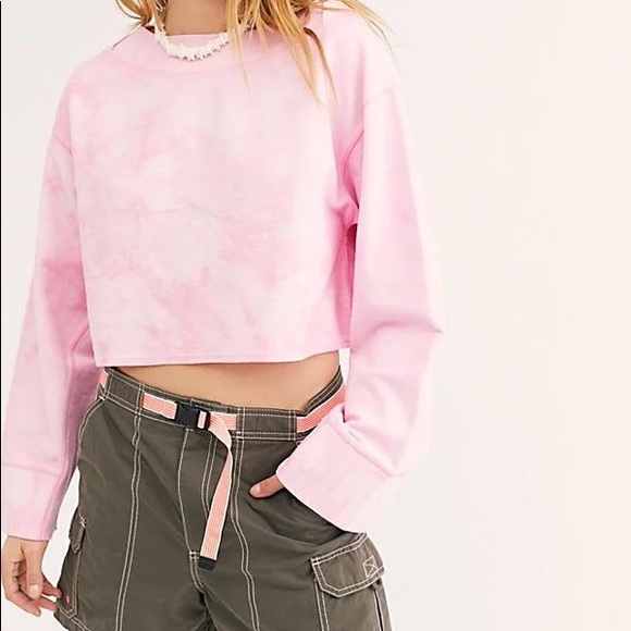 Free People Sweaters - Free People Playa Tie Dye Pink Rose Cropped Long Sleeve Pullover Sweater